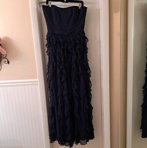 White House Black Market Navy Strapless Waterfall  Tiered Ruffle Gown SZ 12